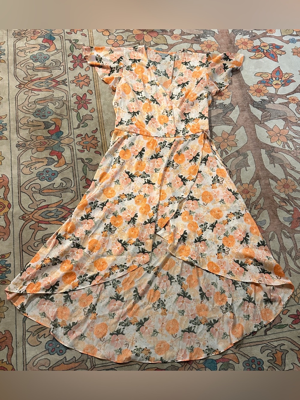 belle sky Peach and Cream Floral High-Low Wrap Dress